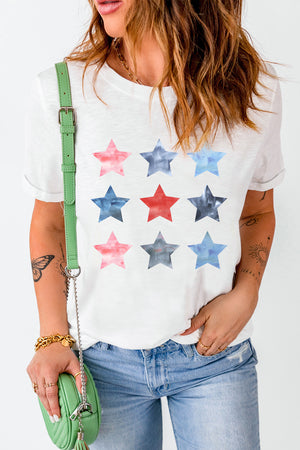 White crewneck tee with a watercolor starburst pattern in red, blue, and gray.