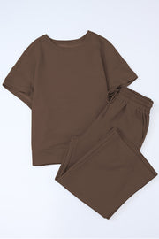 Textured knit tee and wide leg pants set in mocha with drawstring waist