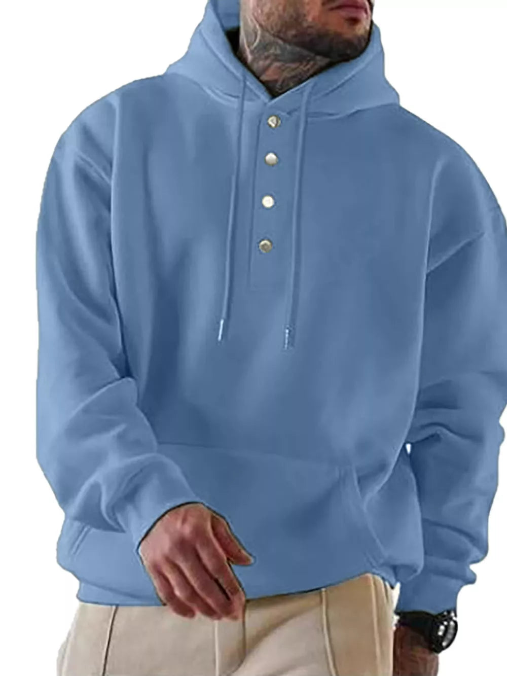 Blue cotton buttoned hoodie with kangaroo pocket and drawstring hood.