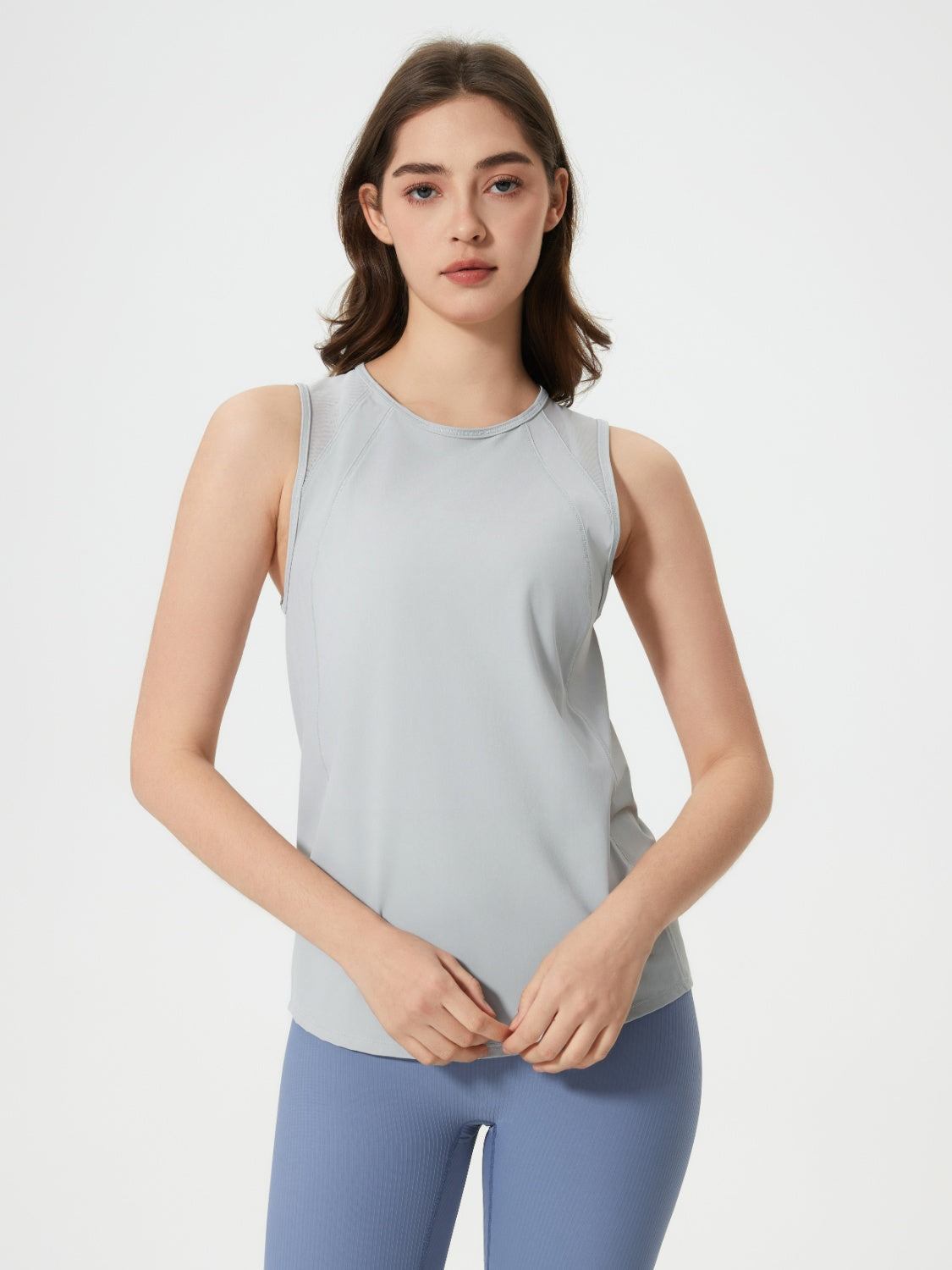 Light Gray mesh-back performance tank top with a round neckline and sleeveless design.