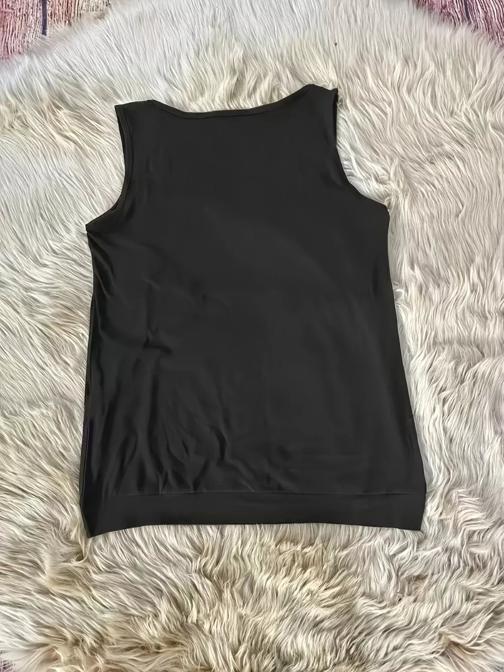 Black V-neck ruched tank top with eyelet accents, sleeveless, basic style