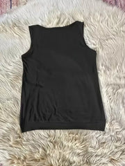 Black V-neck ruched tank top with eyelet accents, sleeveless, basic style