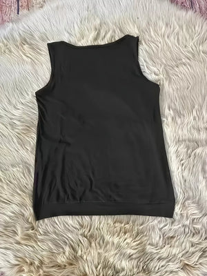 Black V-neck ruched tank top with eyelet accents, sleeveless, basic style