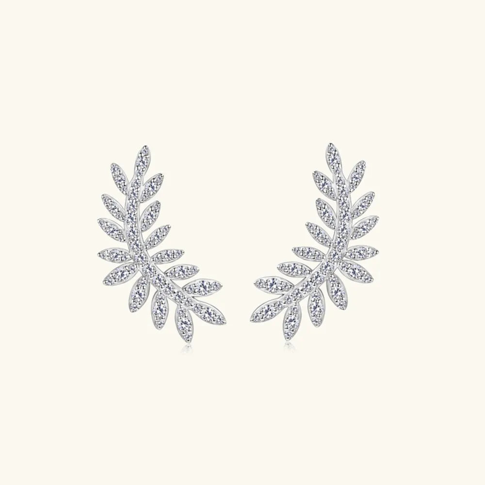 Silver leaf climber earrings with clear crystals