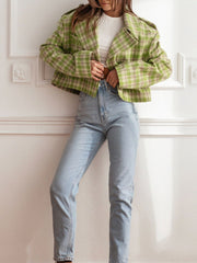 Lime plaid boxy cropped blazer with button detail and wide sleeves.