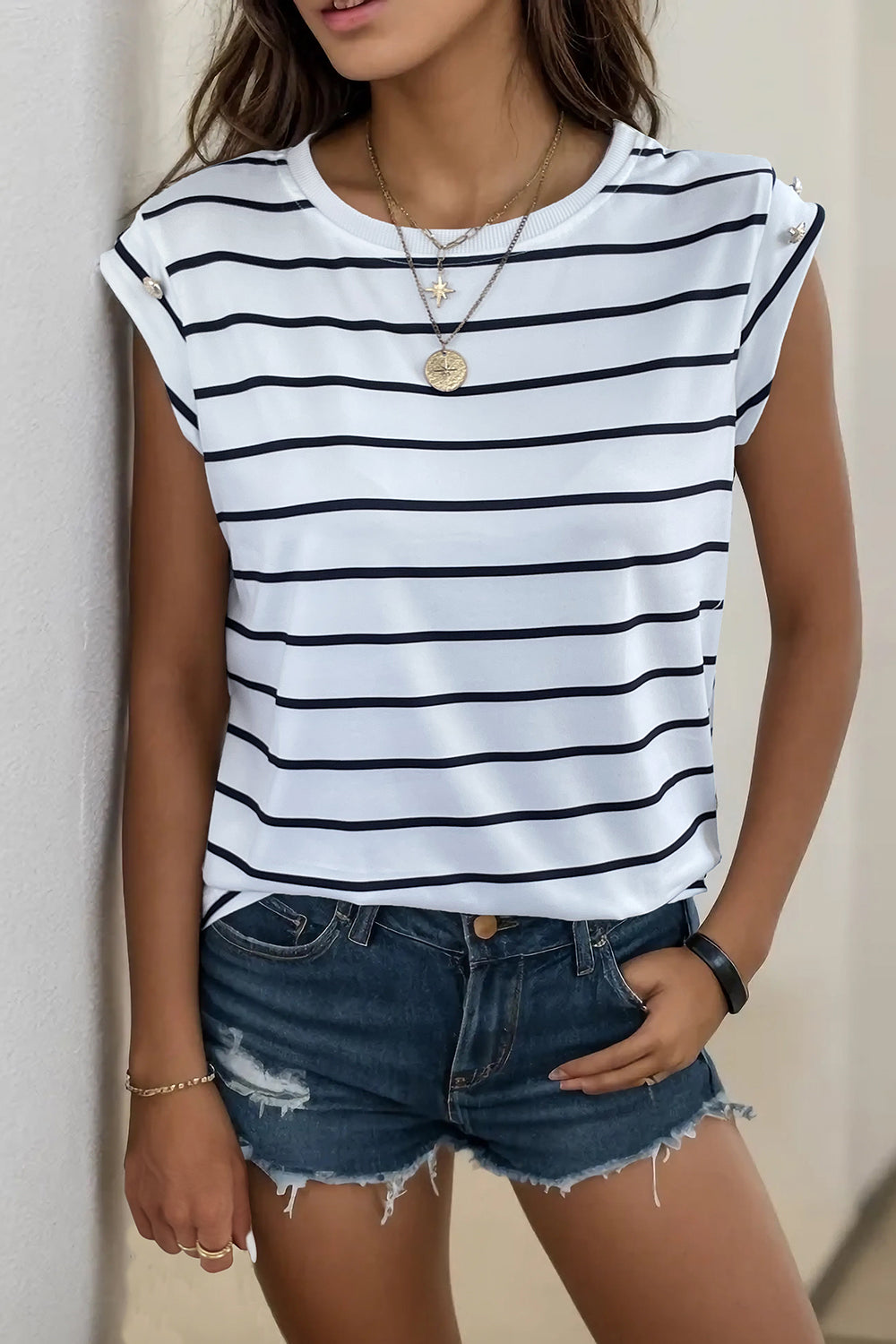 Button-shoulder stripe tee with cap sleeves in black and white stripe, casual fit.