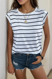 Button-shoulder stripe tee with cap sleeves in black and white stripe, casual fit.