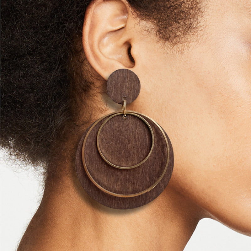 Wood and brass statement hoop earrings with layered circles, Style B