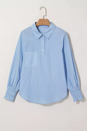 Striped Smocked Sleeve Collared Blouse in Light Blue, fit detail
