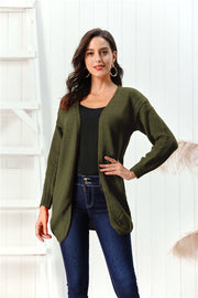 Army green draped knit open-front cardigan with long sleeves, 100% acrylic.
