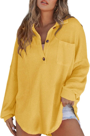 Gold waffle knit henley shirt with pocket and button detail