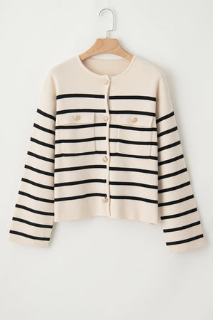 Beige knit cardigan with black nautical stripes, button-up front, and chest pockets.