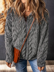 Textured chevron fleece zip jacket in dark gray with a full zip closure.