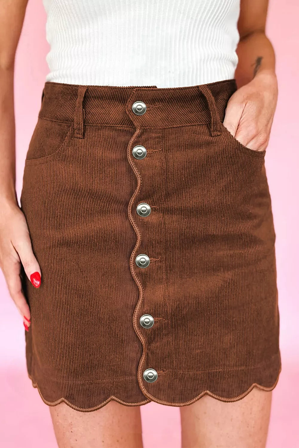 Button Front Corduroy Mini Sheath Skirt in Brown, side view