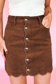 Button Front Corduroy Mini Sheath Skirt in Brown, side view
