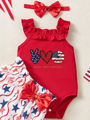 Red baby set with peace, heart, and flag graphics, ruffled neckline, and star print bloomer shorts.