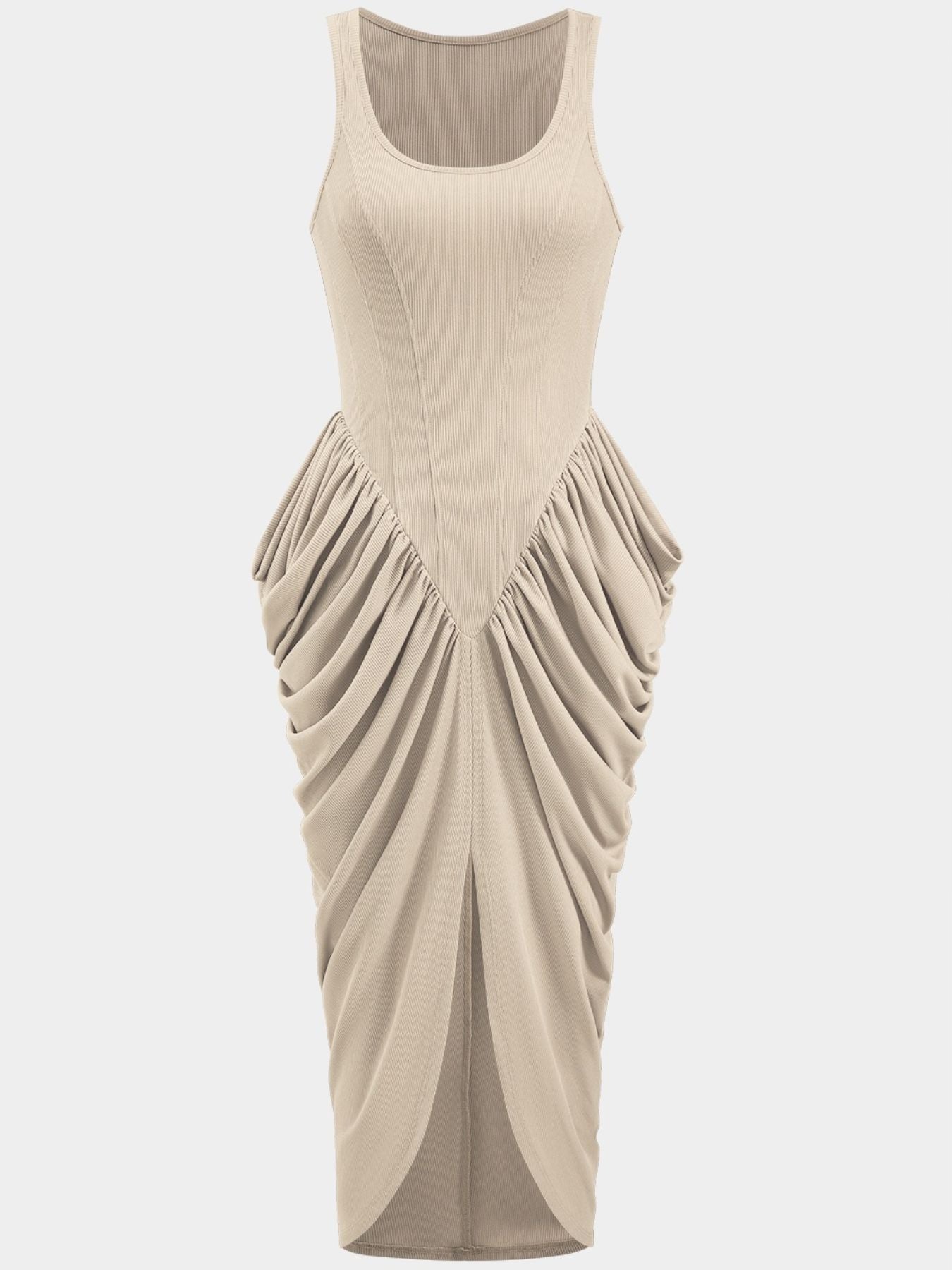 Ivory ruched midi dress with slit and draped detail