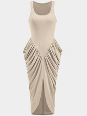 Ivory ruched midi dress with slit and draped detail