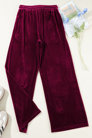 Burgundy velvet lounge wide-leg drawstring trousers with elastic waistband