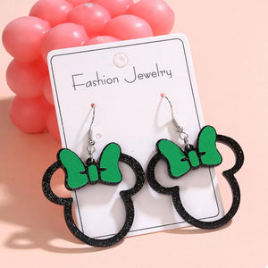 Green bow Mickey Mouse inspired drop earrings with black glitter outline.