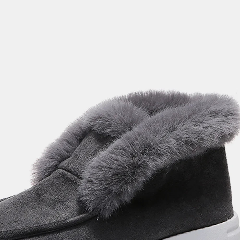 Dark gray suede slip-on booties with plush faux fur trim.