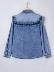 Denim ruffle button-down shirt with vintage wash and long sleeves.