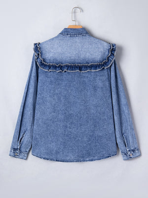 Denim ruffle button-down shirt with vintage wash and long sleeves.