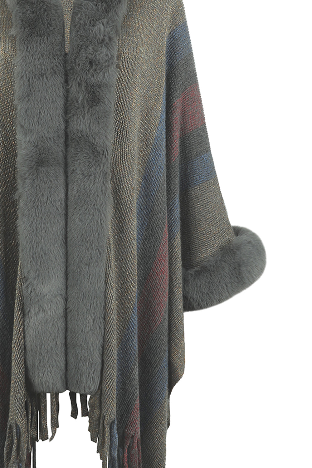 Textured stripe poncho with faux fur trim and cuffs, featuring fringe detail.