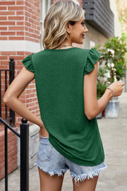 Dark green t-shirt with flutter sleeves and a round neckline.