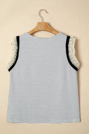 Ruffled stripe detail casual tank top with black trim and sheer ruffled sleeves.
