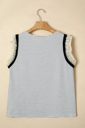 Ruffled stripe detail casual tank top with black trim and sheer ruffled sleeves.