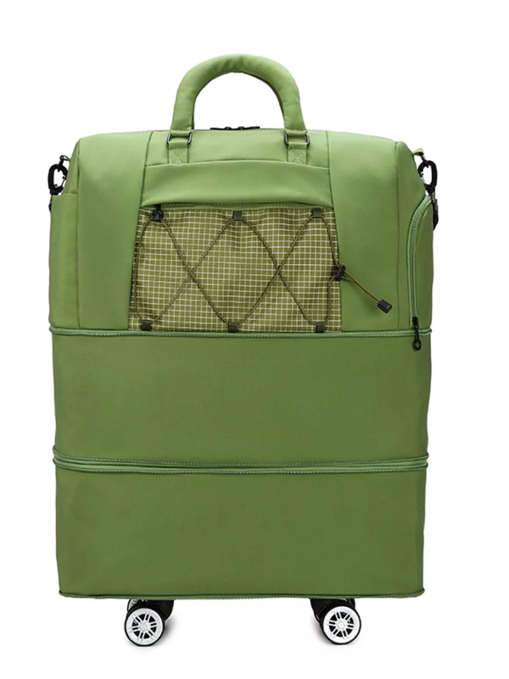 Green Oxford rolling bag with front mesh pocket and wheels