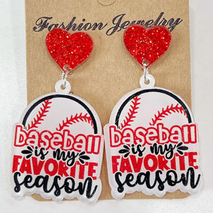 Game Day Acrylic Football Dangles with red glitter hearts and baseball graphics.