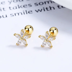 Gold flower stud earrings with clear marquise-cut stones, 925 sterling silver.