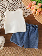 Children's Bow Tank And Denim Shorts Set in Blue, back view