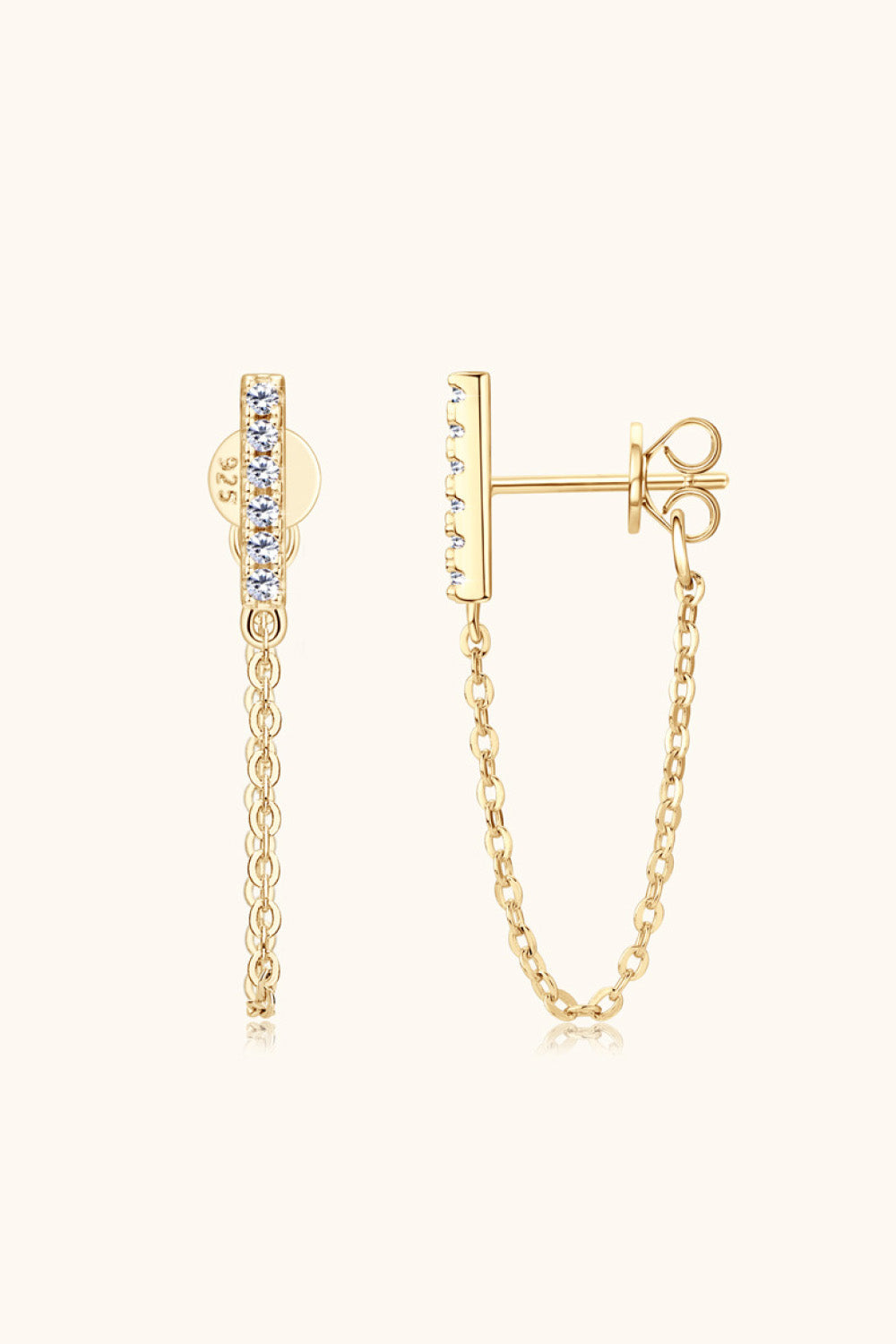 Gold chain cascade bar earrings with clear stones and 925 marking