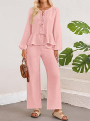 Dusty Pink Textured Peplum Tie-Neck Co-Ord Set with balloon sleeves and wide-leg pants.