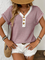 Button-down knit top with burgundy and white Breton stripes, V-neck, and short sleeves.