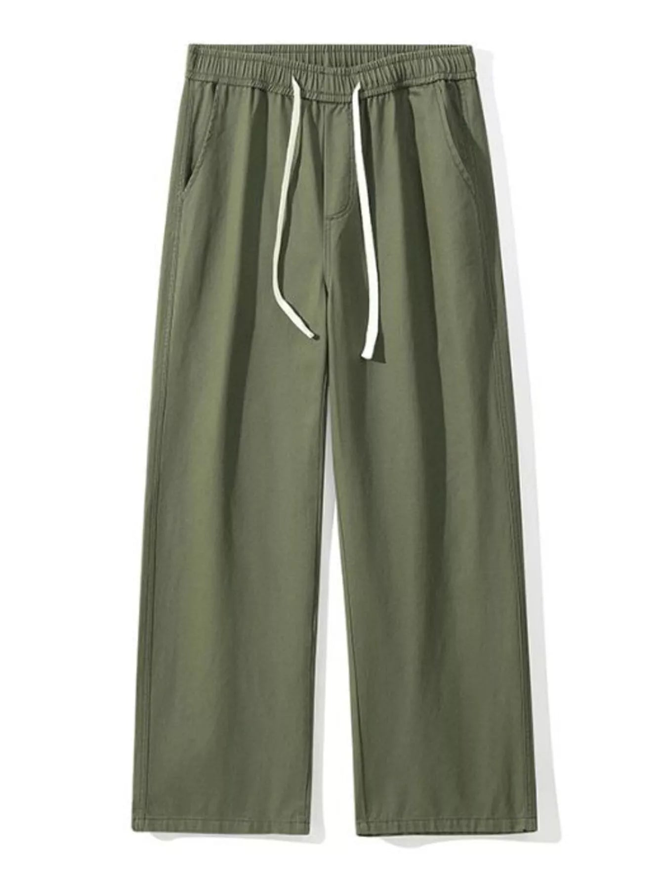 Relaxed fit military green cotton drawstring pants with elastic waistband and side pockets.