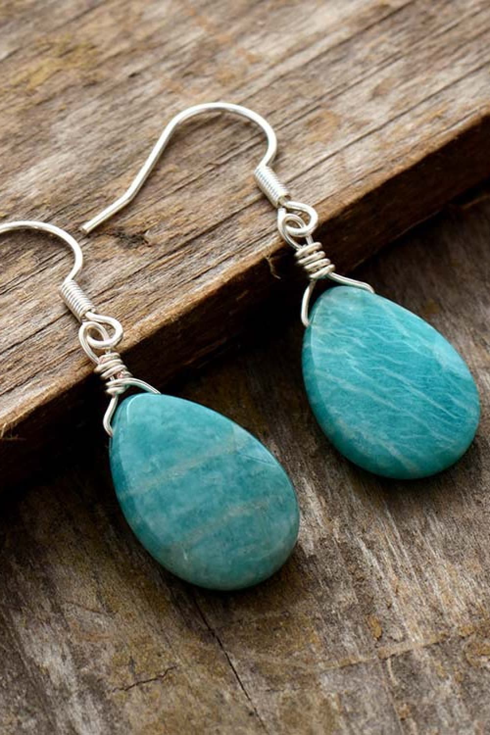 Sky blue amazonite teardrop wire-wrapped drop earrings with 925 silver hooks.