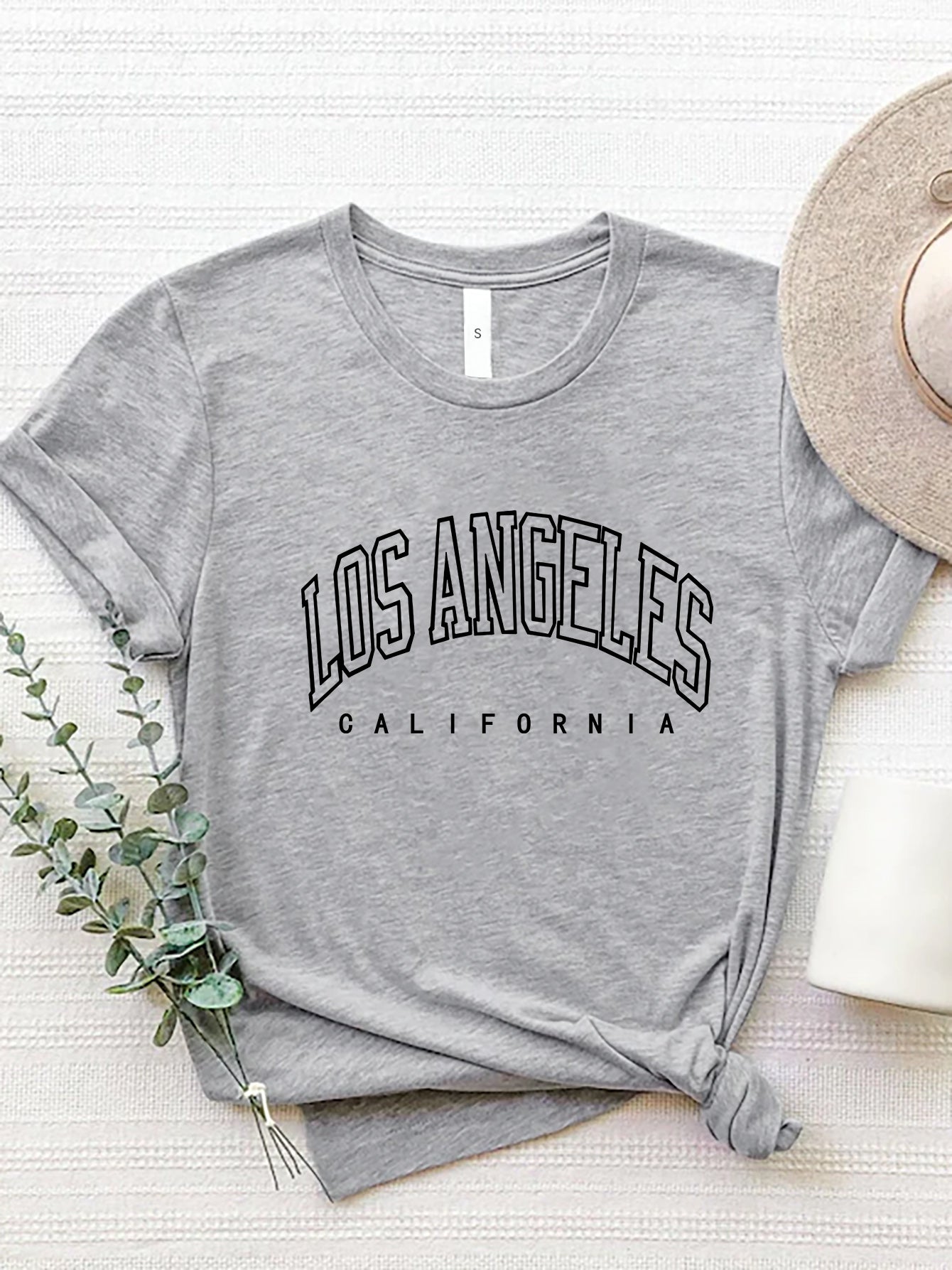 Gray polyester t-shirt with black Los Angeles California graphic print