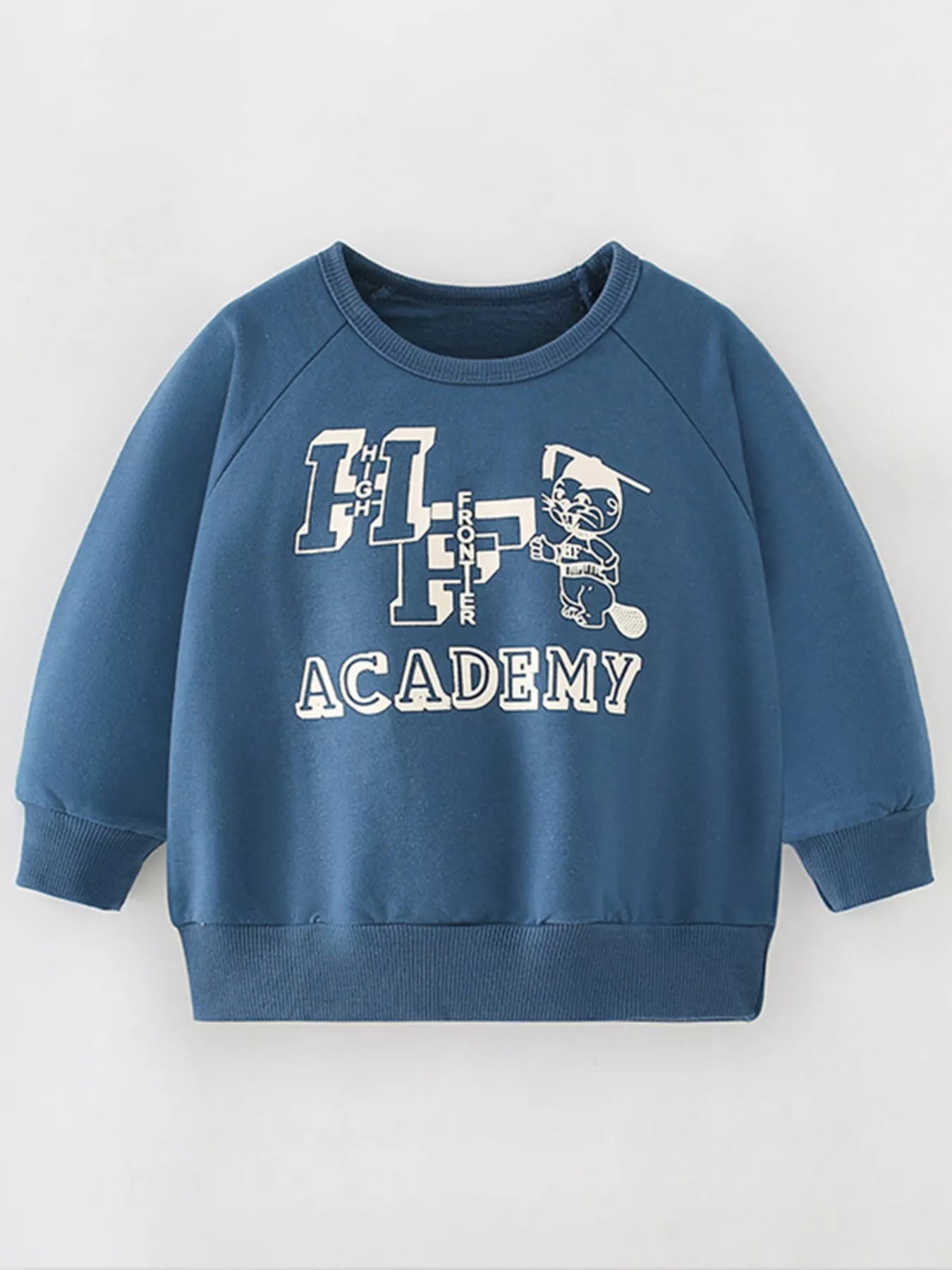 Children's French Blue graphic sweatshirt with crew neck and 100% cotton fabric.