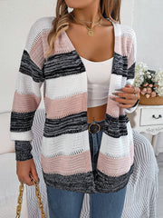 Open-front knit cardigan with horizontal stripes in blush pink, white, black, and charcoal acrylic.