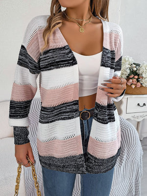 Open-front knit cardigan with horizontal stripes in blush pink, white, black, and charcoal acrylic.