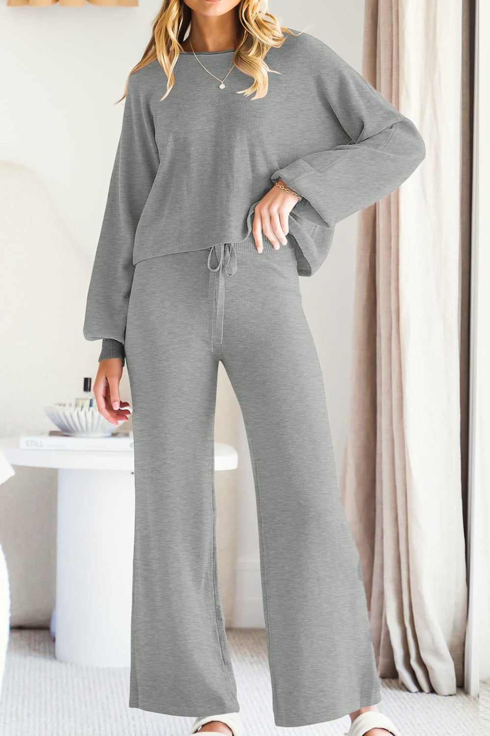 Light gray loungewear set with balloon sleeves and wide-leg pants.