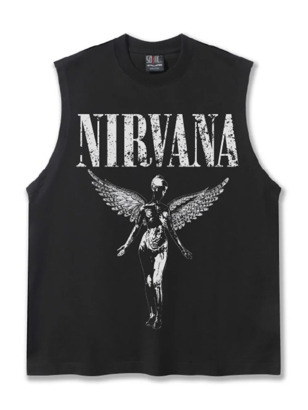 Black cotton men's Nirvana graphic tank top with distressed details and winged figure print.