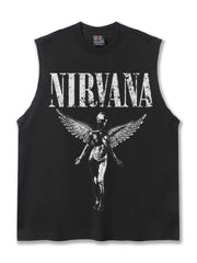 Black cotton men's Nirvana graphic tank top with distressed details and winged figure print.