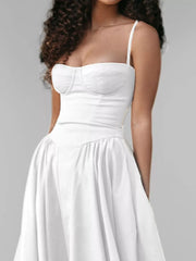 White sweetheart midi dress with spaghetti straps and gathered skirt