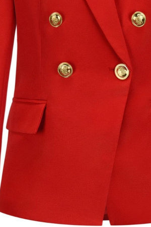 Red double-breasted blazer with gold buttons and pocket detail