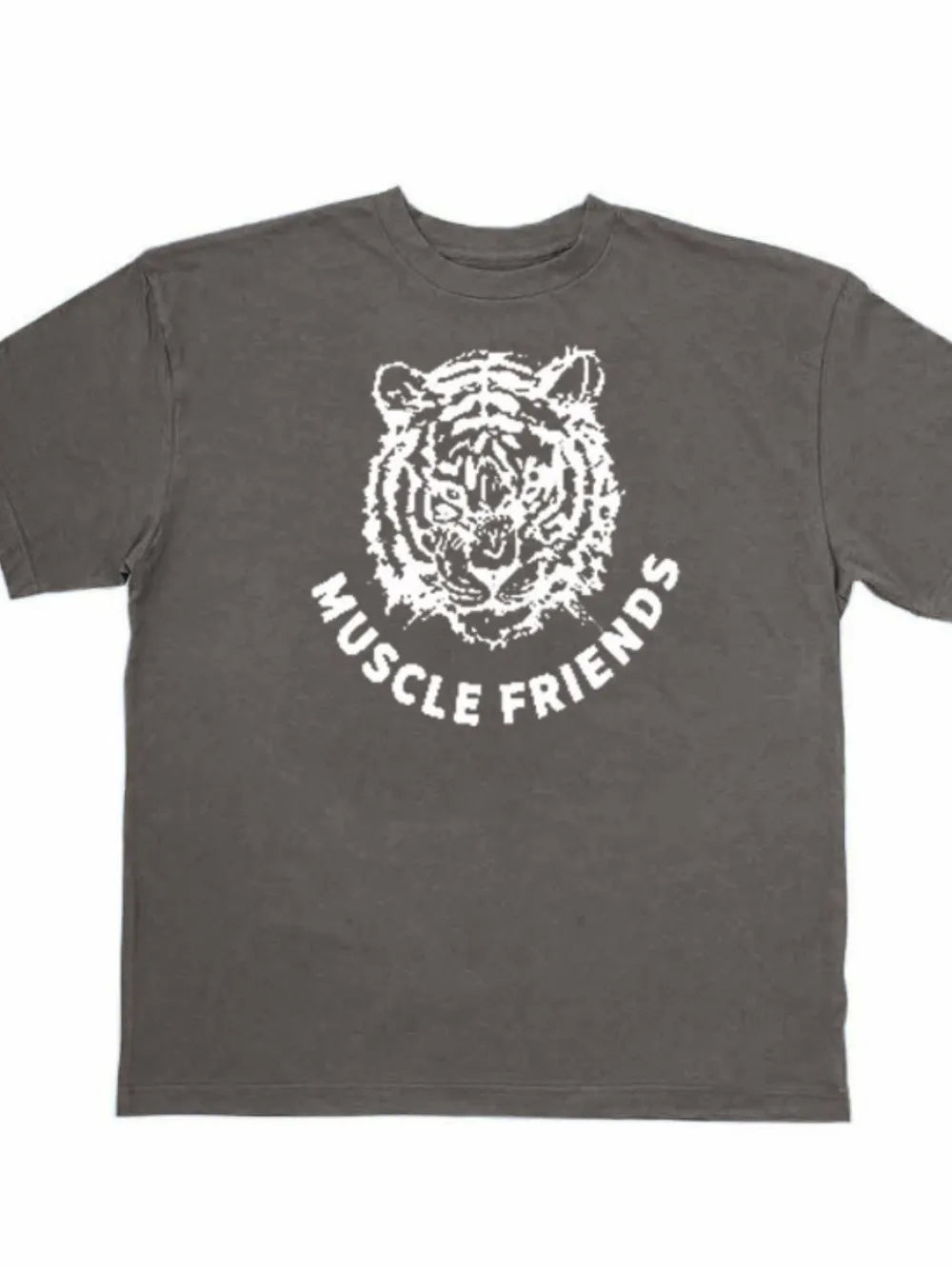 Oversized gray t-shirt with white distressed tiger graphic and text.